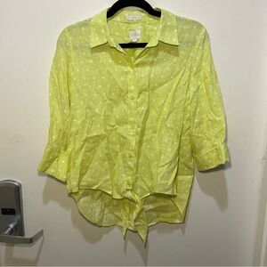 Chico’s No-Iron Green & White Polka Dot Front Tie Button Up Top Size 4
